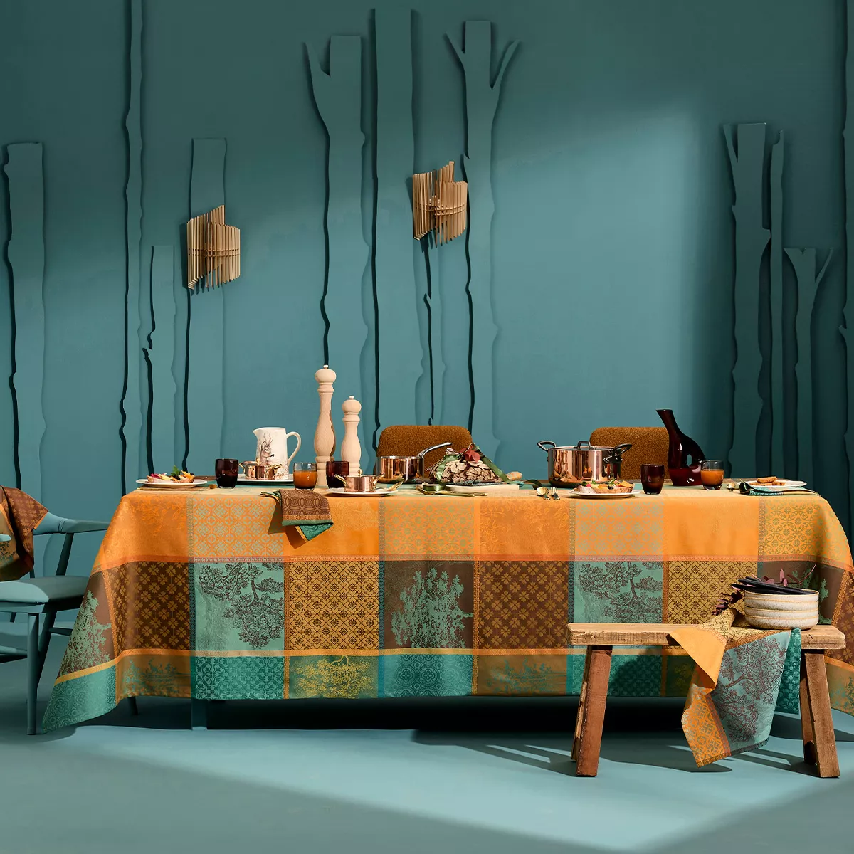 Tablecloth 100% cotton 220 gsm jacquard pattern brown green Mille trees foret