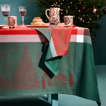 Serviette reine baumwolle 220 g/m² jacquard-muster grün rot Noel magique houx