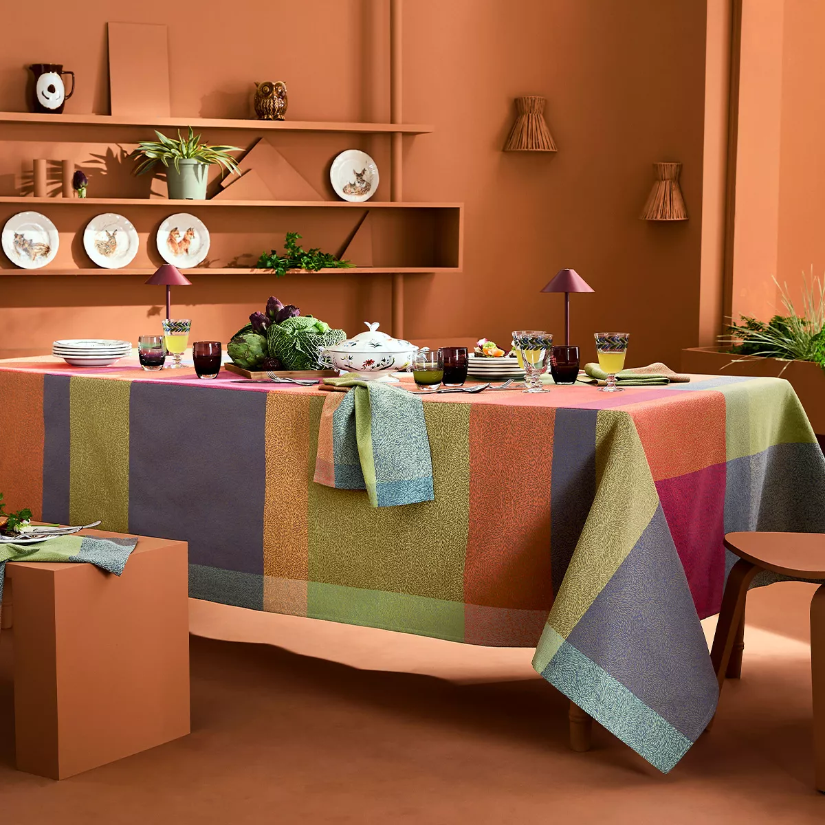 Linge de table pur coton 220 g/m² motif jacquard orange vert Mille baies shetland