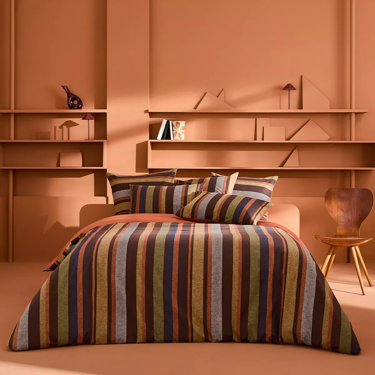 Housse de couette pur coton 200 g/m² rayé orange brun Wilson brown
