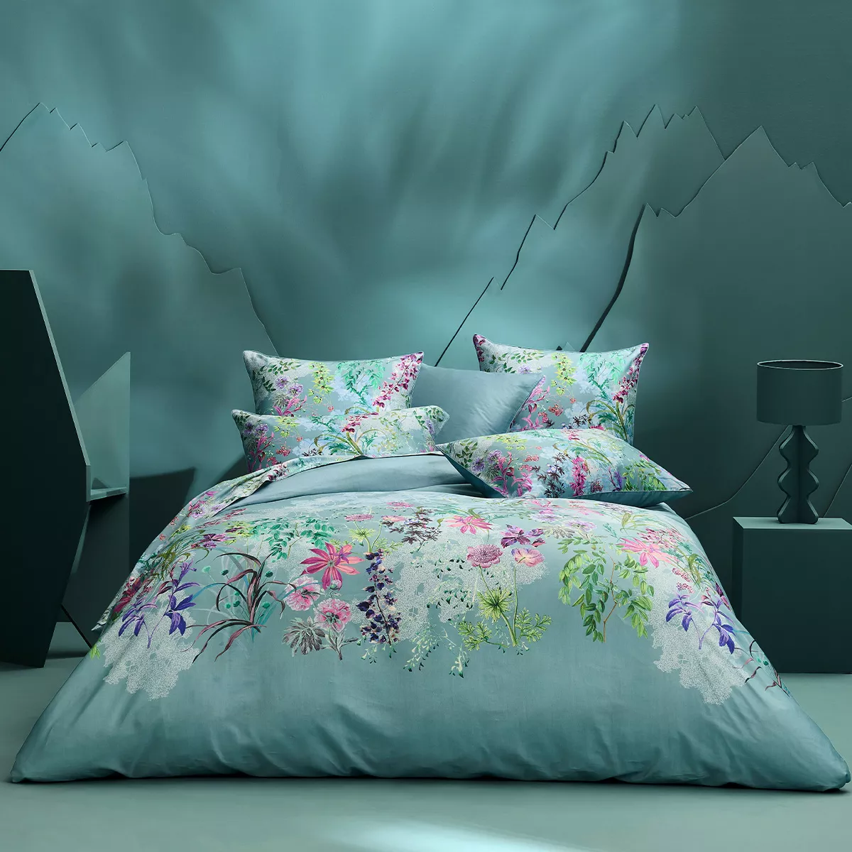 Garnitur : 1 bettbezug + 2 kkb 90 fäden/cm² satin-baumwolle 115 g/m² bedruckt blau violett Ombres boisees givre