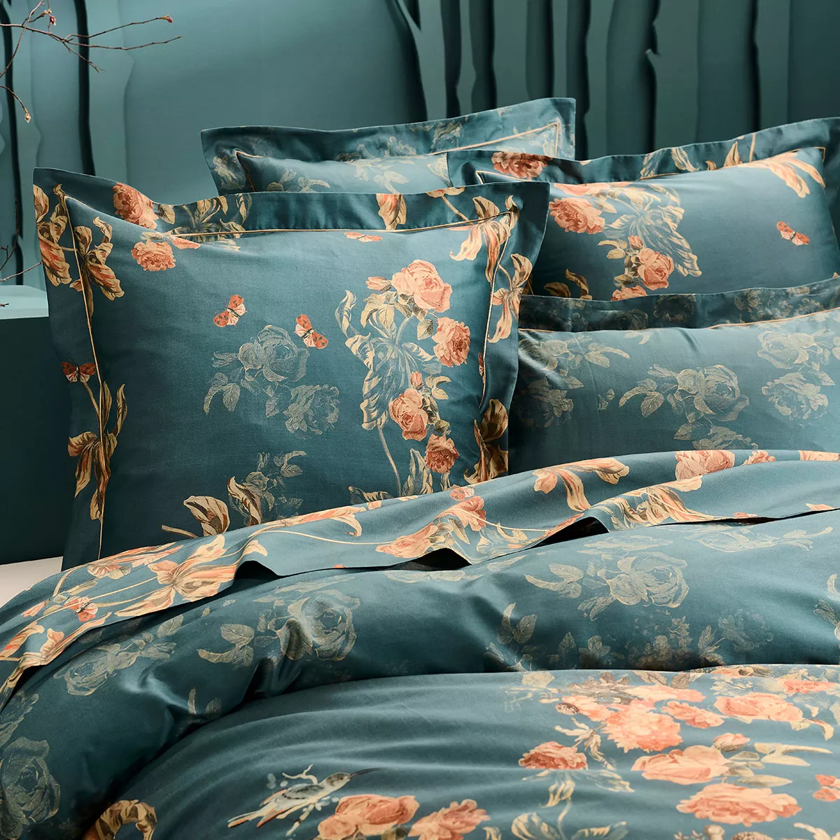 Taie d'oreiller satin de coton 115 g/m² imprimé vert orange Roses d'automne vert anglais