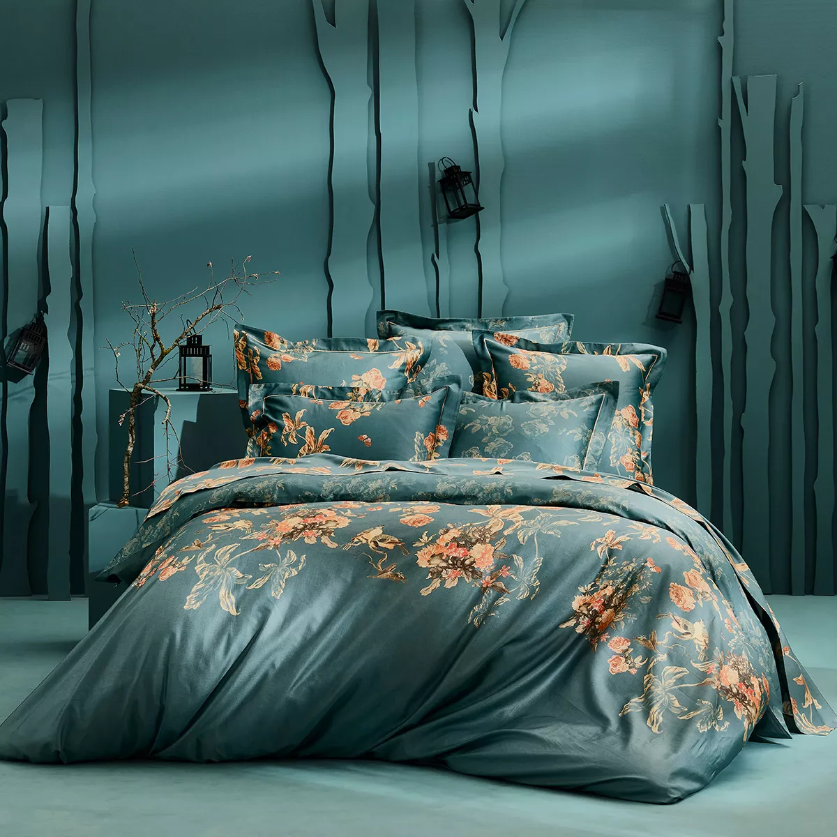 Housse de couette satin de coton 115 g/m² imprimé vert orange Roses d'automne vert anglais