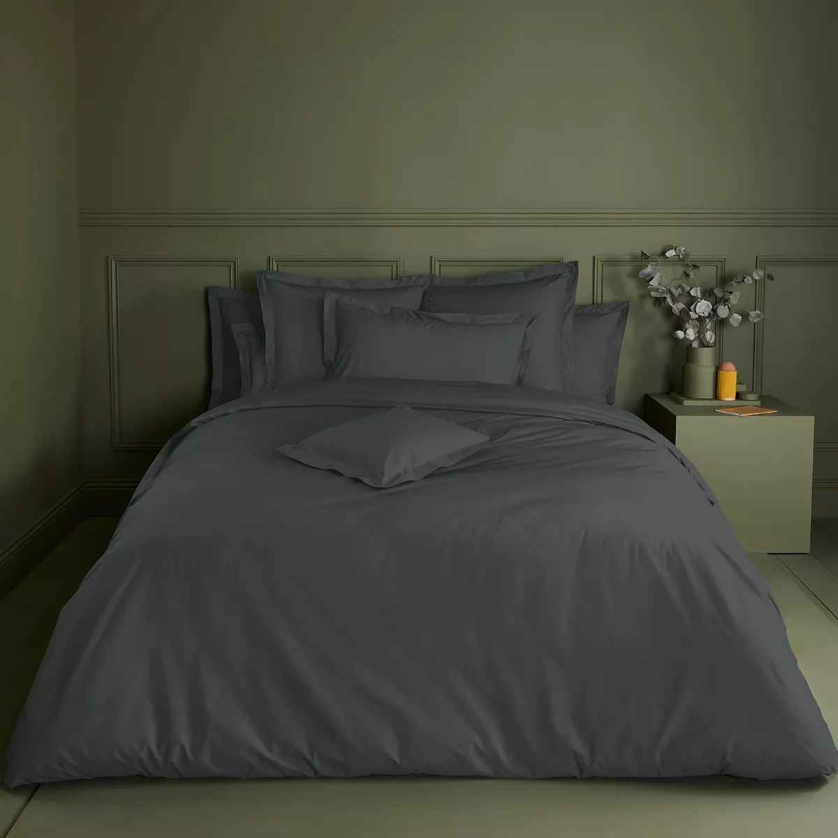 Housse de couette percale de coton uni anthracite Giulia titane