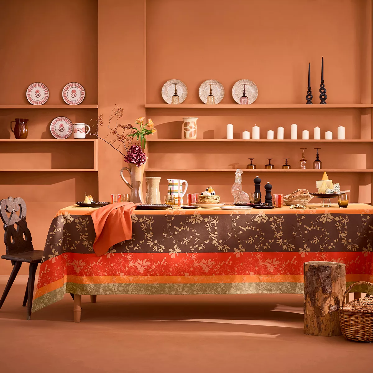 Linge de table pur coton 220 g/m² motif jacquard orange marron Mille lierres automne