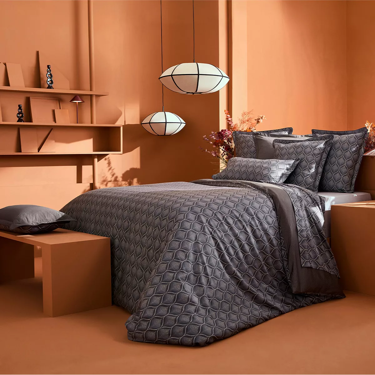 Bed set cotton sateen 115 gsm printed grey brown Tressages quartz