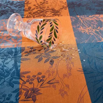 Table set 100% cotton coated 220 gsm jacquard pattern blue brown Mille branchages crepuscule
