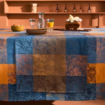 Tischläufer reine baumwolle 220 g/m² jacquard-muster blau braun Mille branchages crepuscule