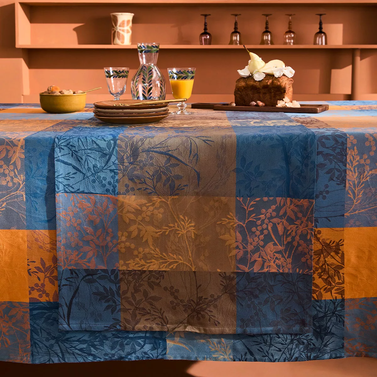 Table runner 100% cotton 220 gsm jacquard pattern blue brown Mille branchages crepuscule