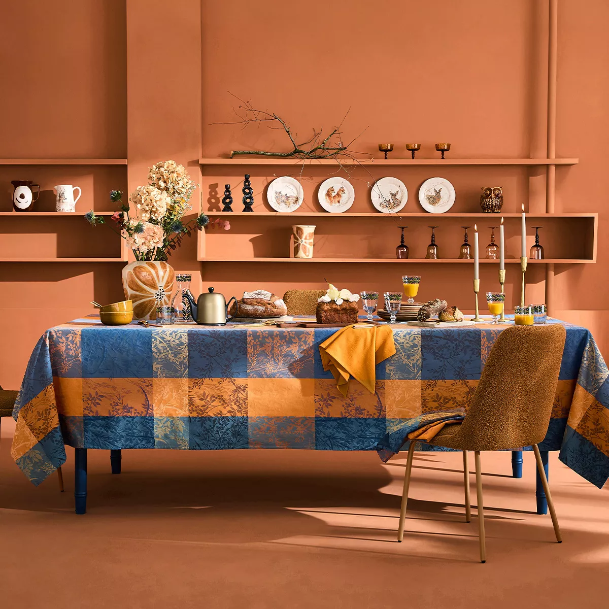 Tablecloth 100% cotton 220 gsm jacquard pattern blue brown Mille branchages crepuscule