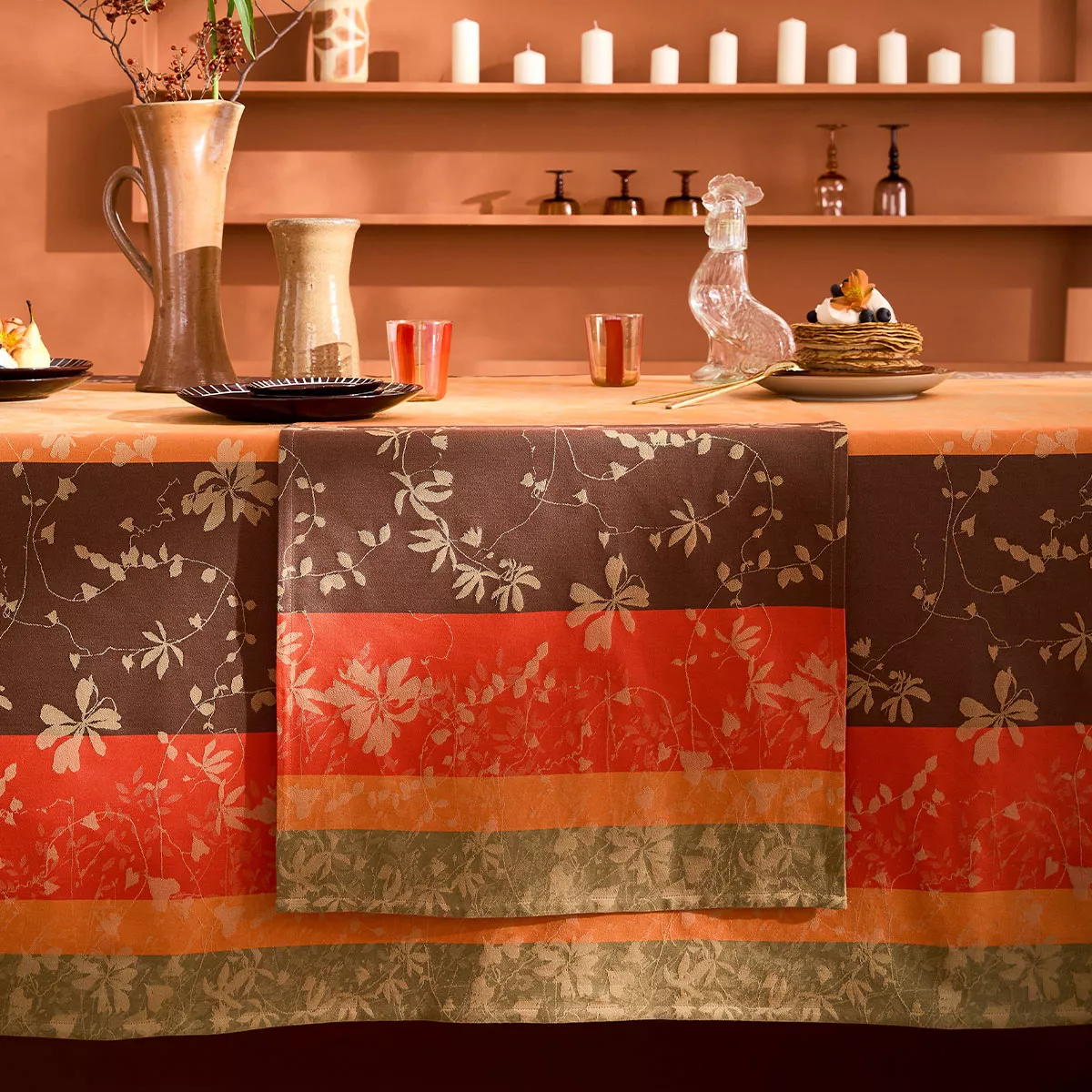 Tischläufer reine baumwolle 220 g/m² jacquard-muster orange kastanienbraun Mille lierres automne