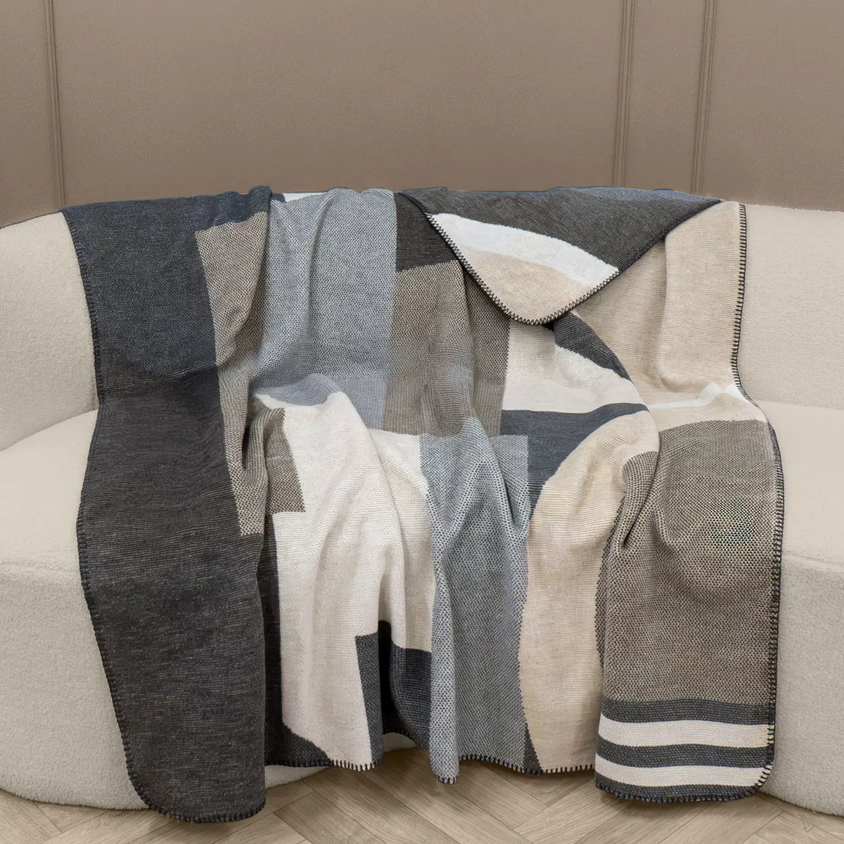 Plaid coton mélangé 415 g/m² motif jacquard gris ecru Livio dark