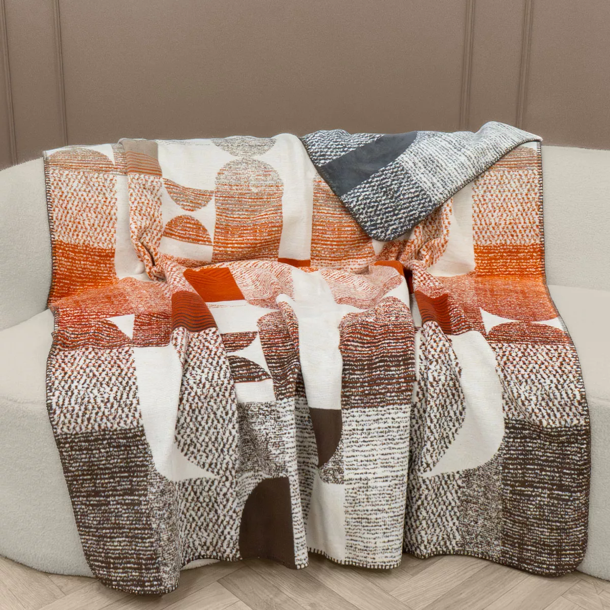 Plaid coton mélangé 415 g/m² motif jacquard orange gris Textures argile