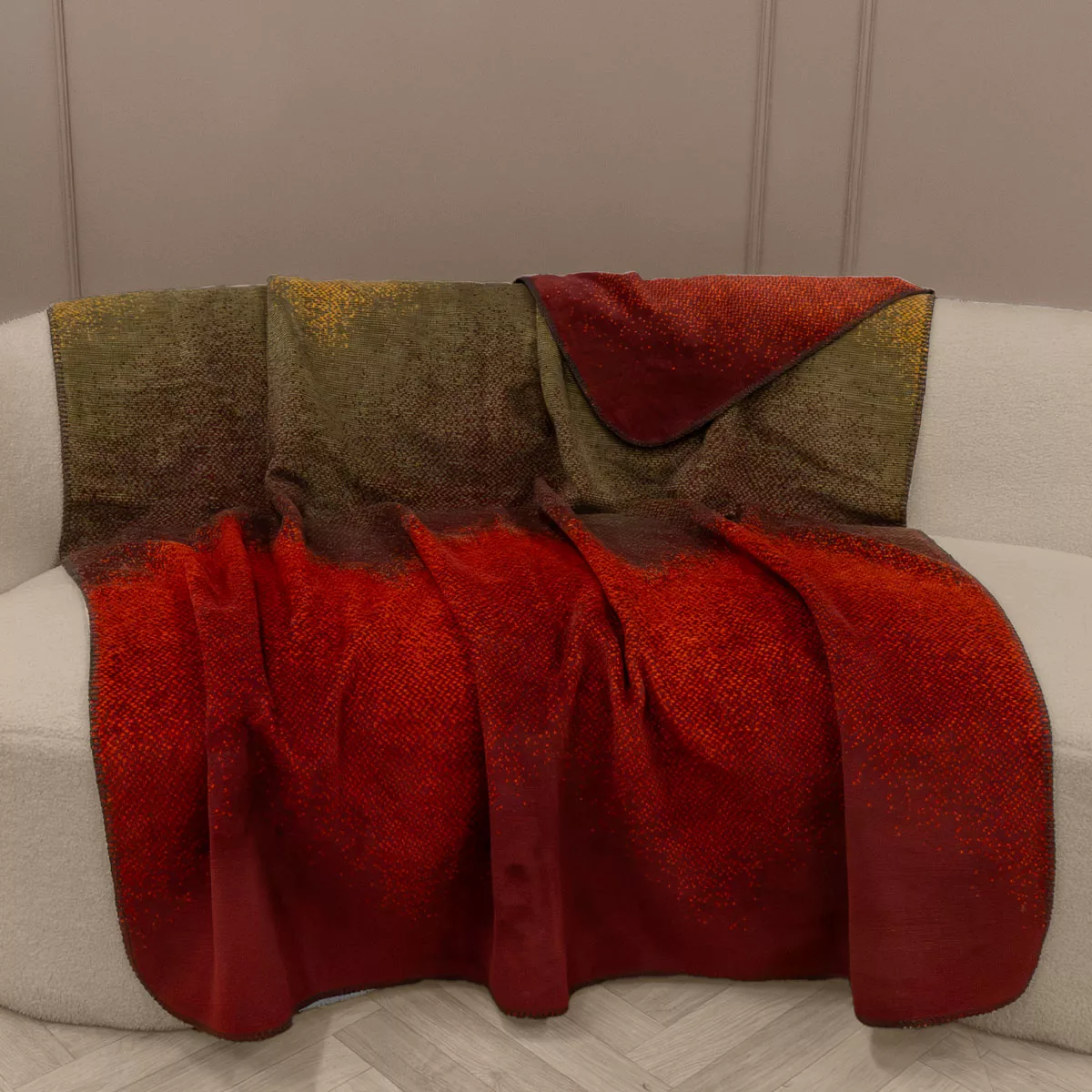 Plaid coton mélangé 415 g/m² motif jacquard jaune rouge Wavy feuillage