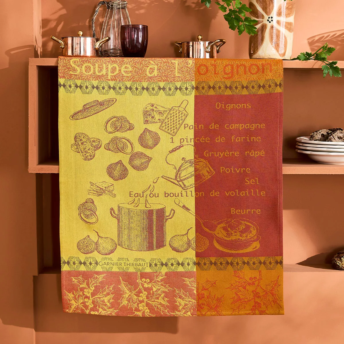 Torchon pur coton motif jacquard bordeaux orange Soupe a l'oignon rouille