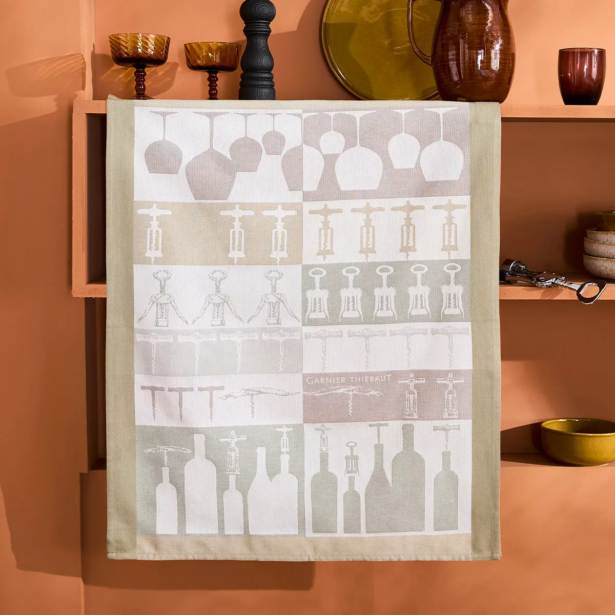 Torchon pur coton motif jacquard beige ecru Sommelier beige