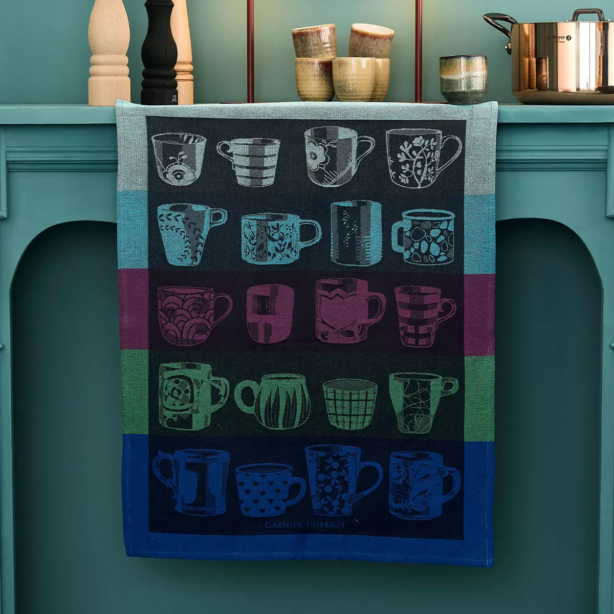 Torchon pur coton motif jacquard bleu anthracite Les mugs nocturne