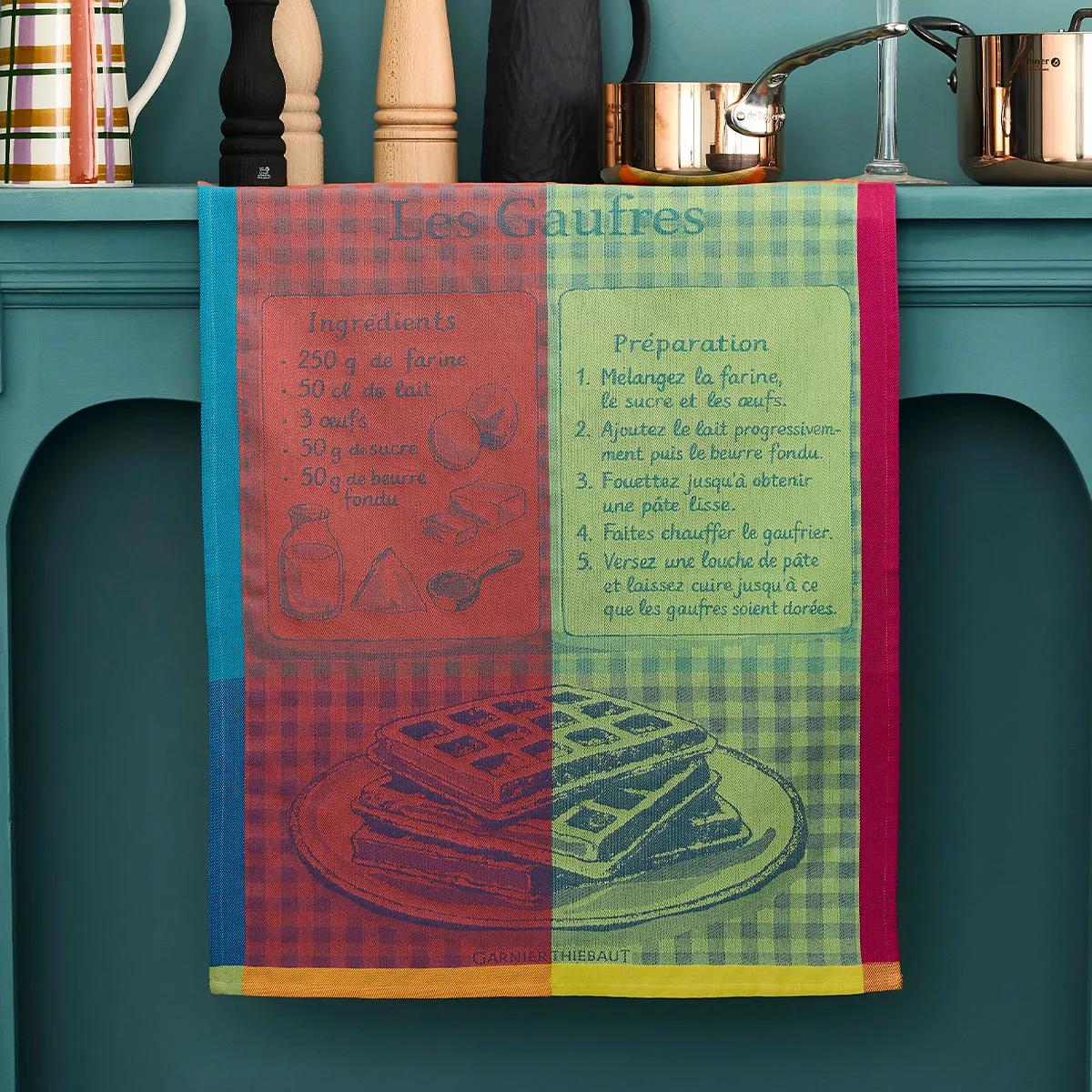 Torchon pur coton motif jacquard rose vert Les gaufres gourmand