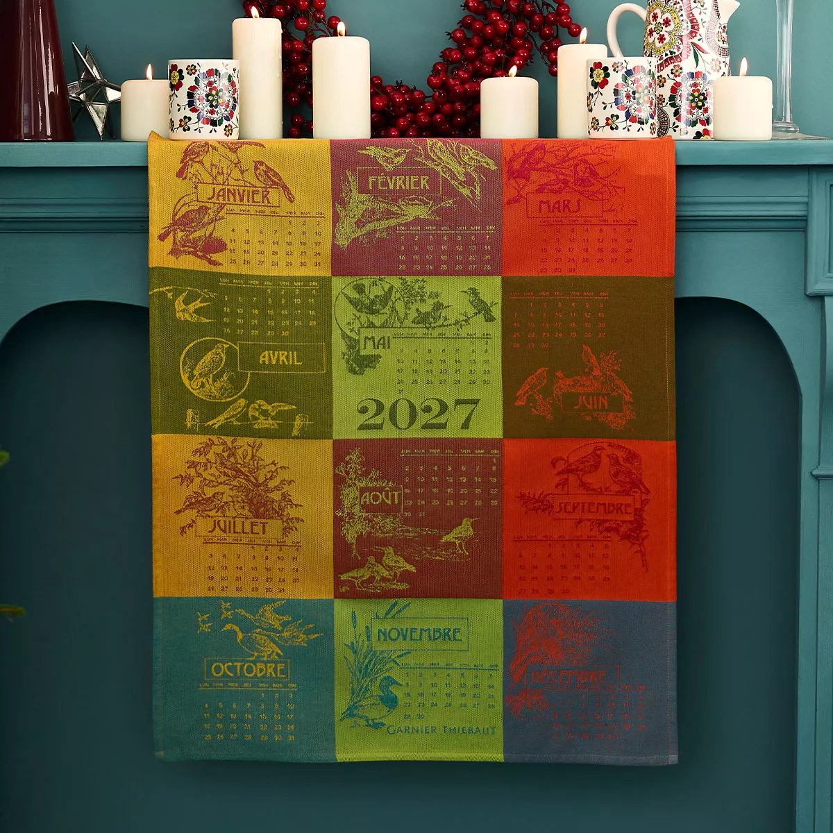 Torchon pur coton motif jacquard jaune rouge Calendrier 2027 celebration