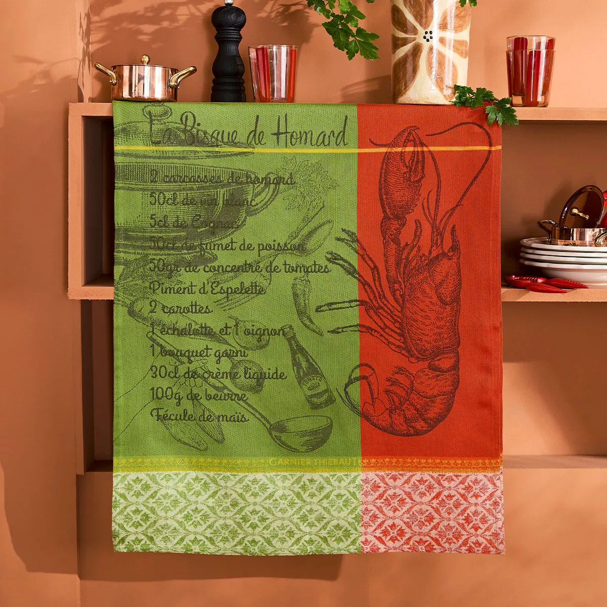 Kitchen towel 100% cotton jacquard pattern red green Bisque de homard mousse