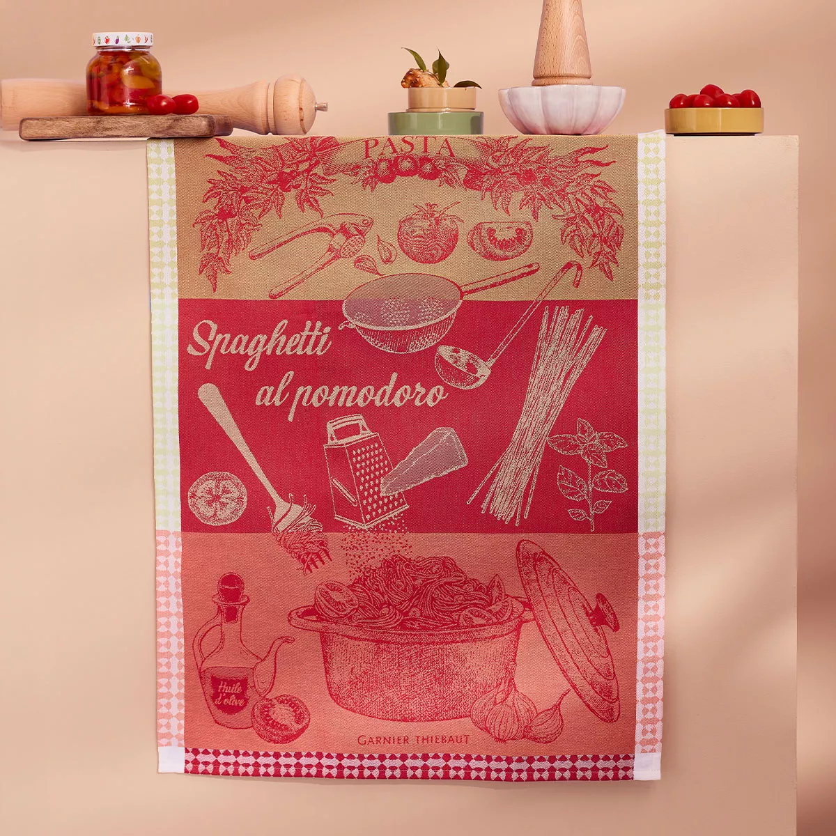Torchon pur coton motif jacquard vert rouge Spaghetti pomodoro basilic