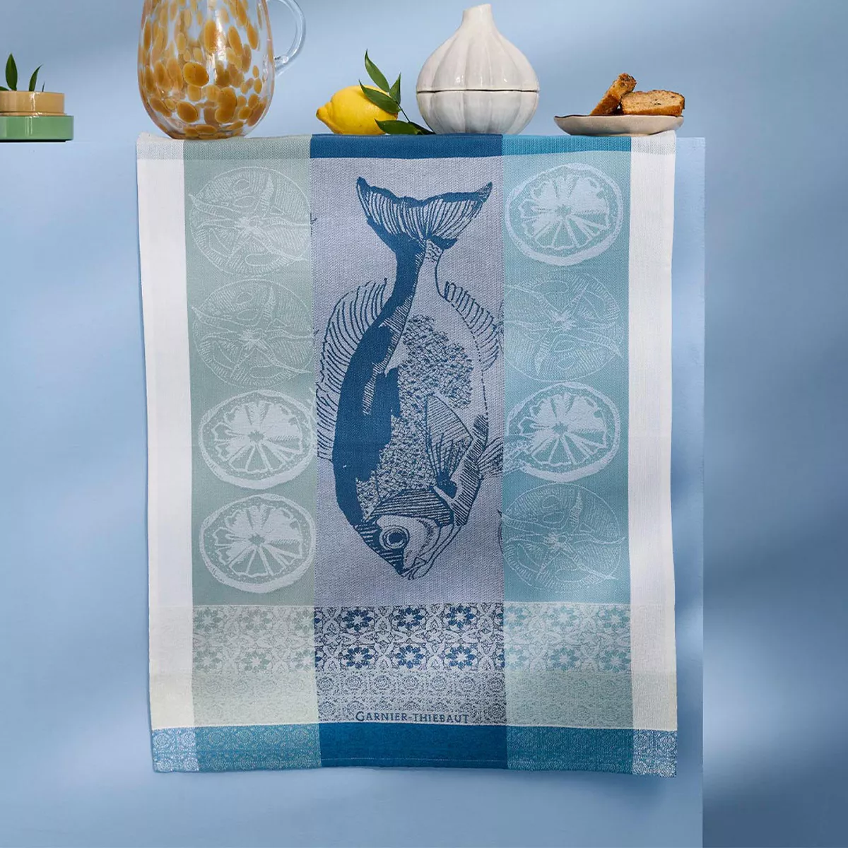 Kitchen towel 100% cotton jacquard pattern blue white Plancha outremer