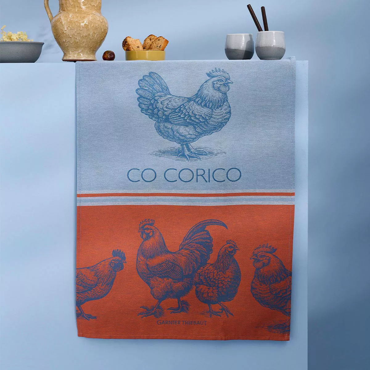 Torchon pur coton motif jacquard bleu orange Co corico tango
