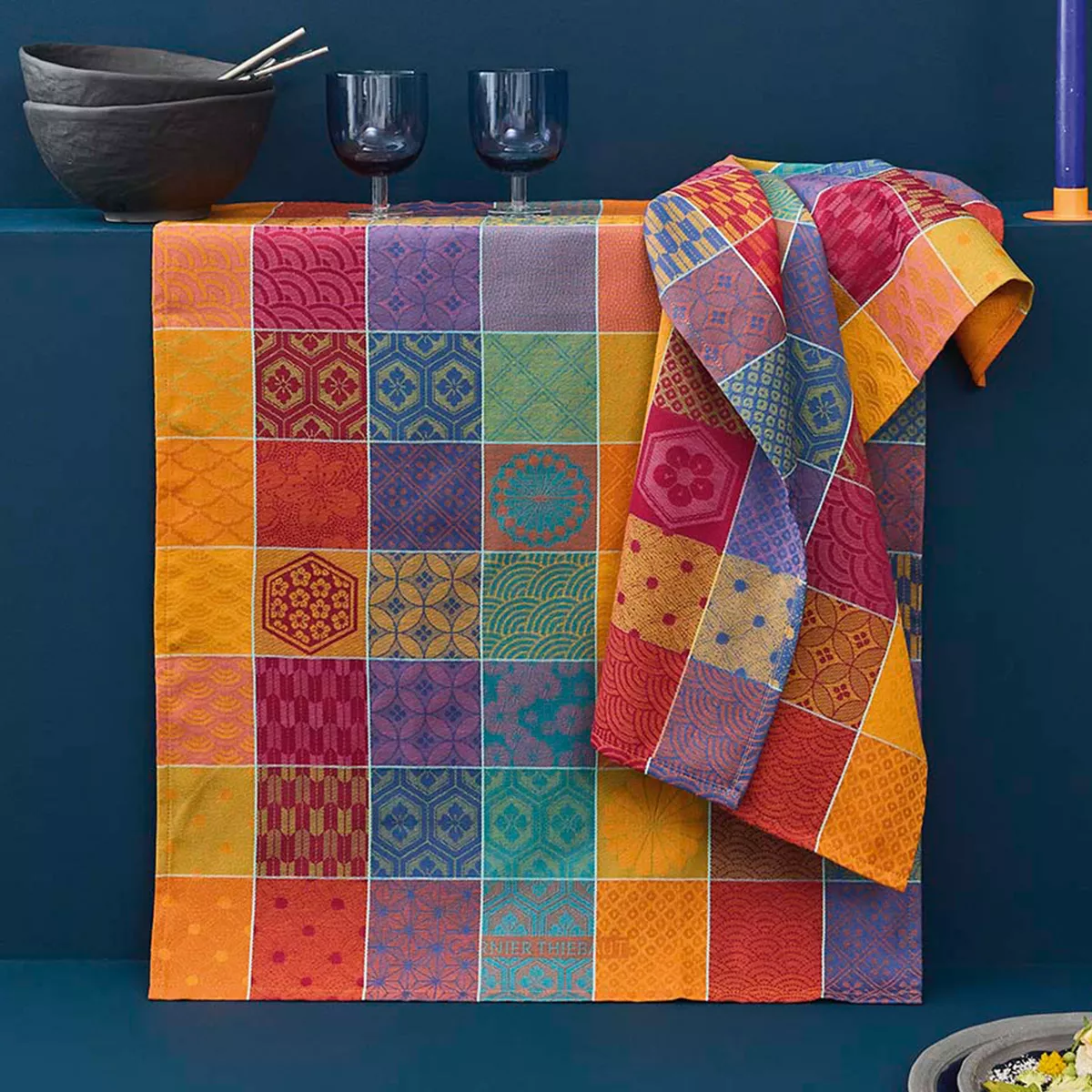 Kitchen towel 100% cotton jacquard pattern orange purple Mille hana floralies