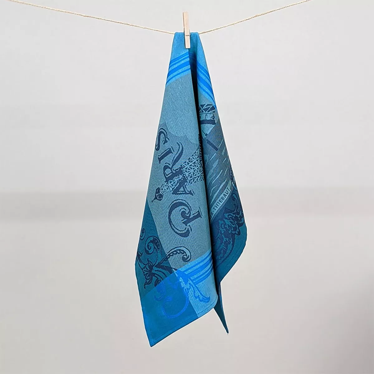 Kitchen towel 100% cotton jacquard pattern blue Paris seine turquoise