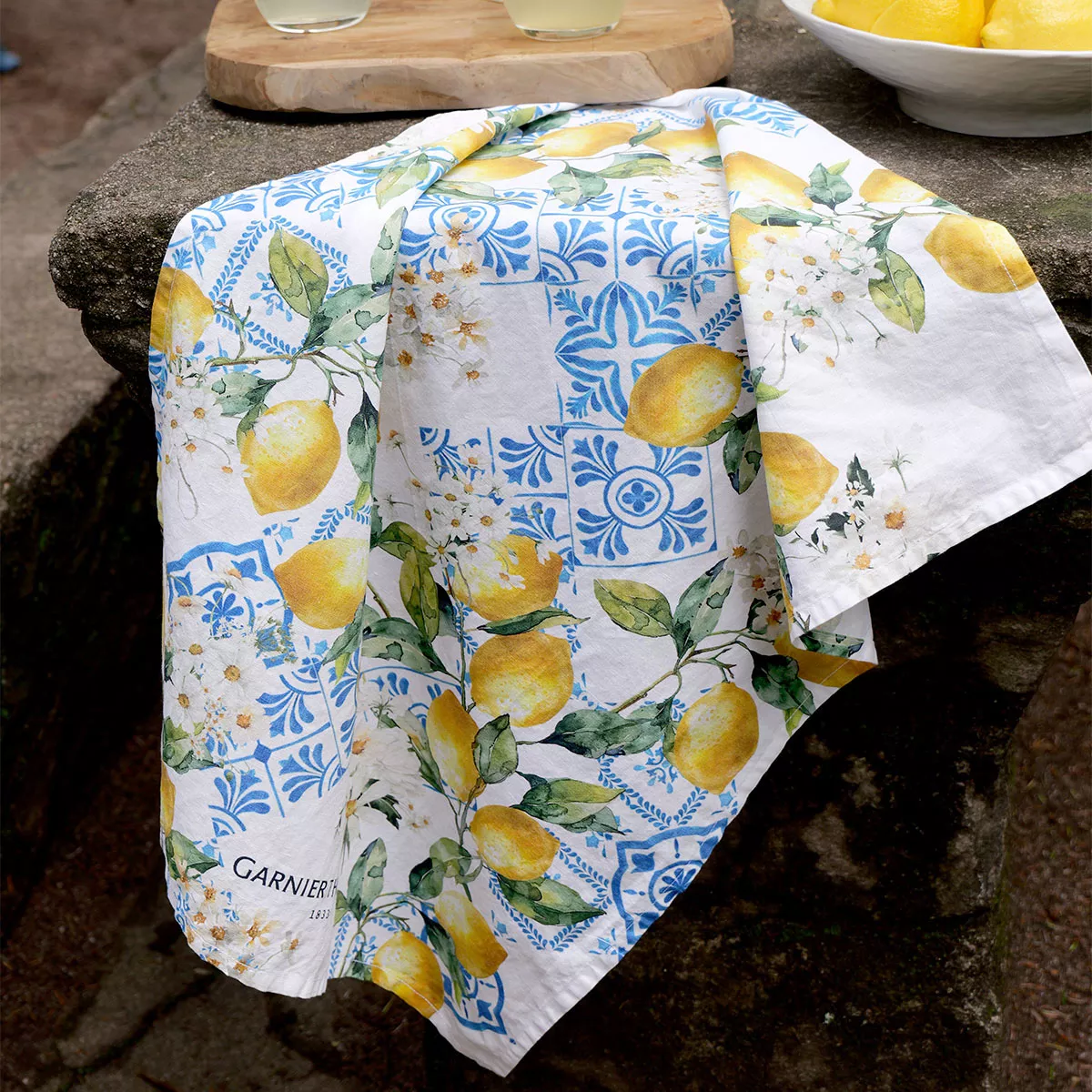 Kitchen towel linen & cotton prewashed 190 gsm printed blue yellow Citrons azulejos bleu