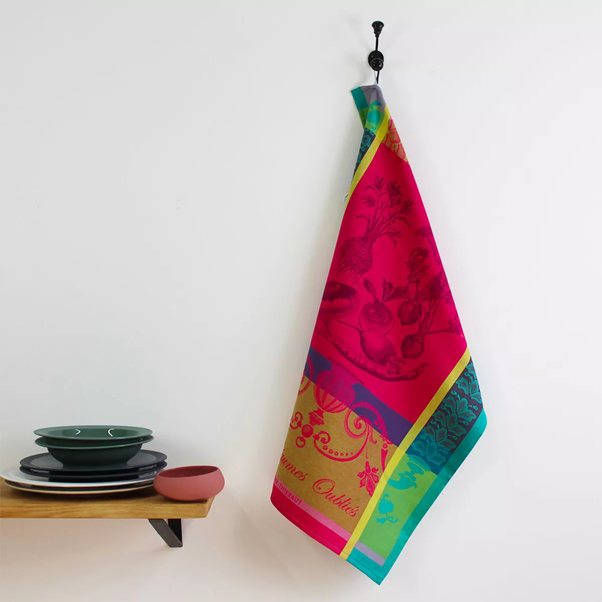 Torchon pur coton motif jacquard rose Legumes oublies fuchsia