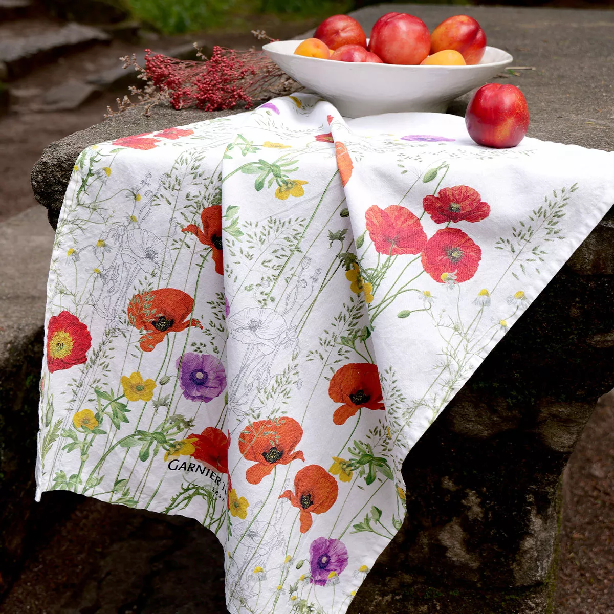 Kitchen towel linen & cotton prewashed 190 gsm printed purple red Les coquelicots violet