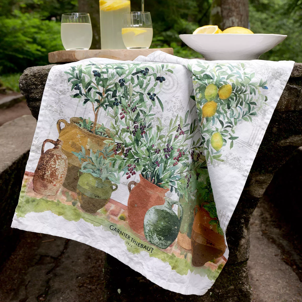 Kitchen towel linen & cotton prewashed 190 gsm printed green brown Jardin provencal olive