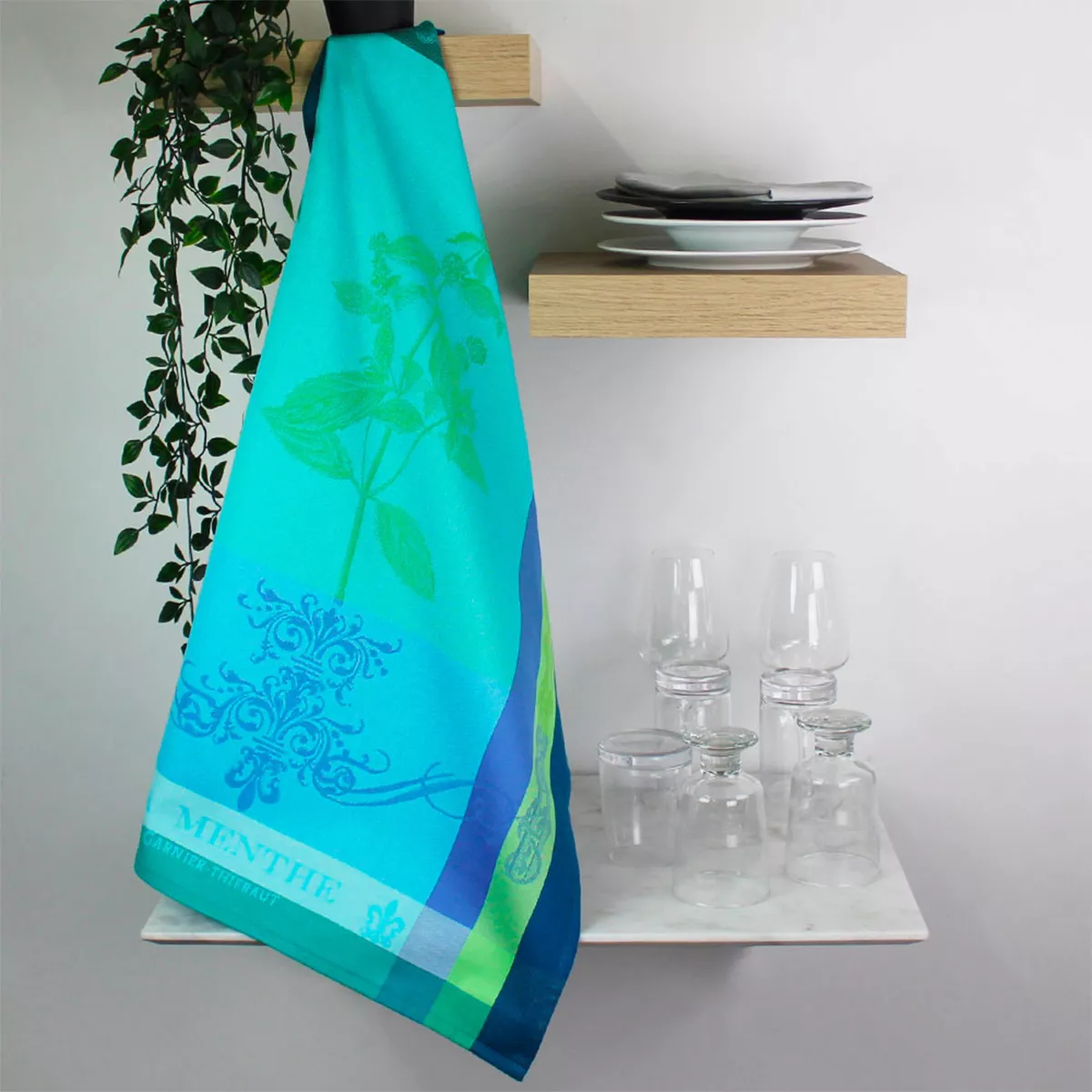 Torchon pur coton motif jacquard bleu vert Brin de menthe chlorophylle