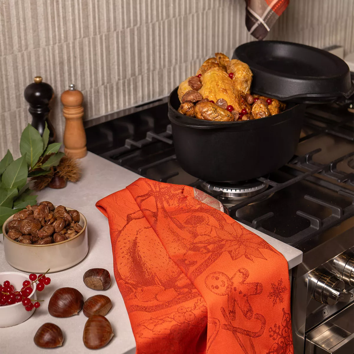 Kitchen towel 100% cotton jacquard pattern red brown Dinde de noel vermillon