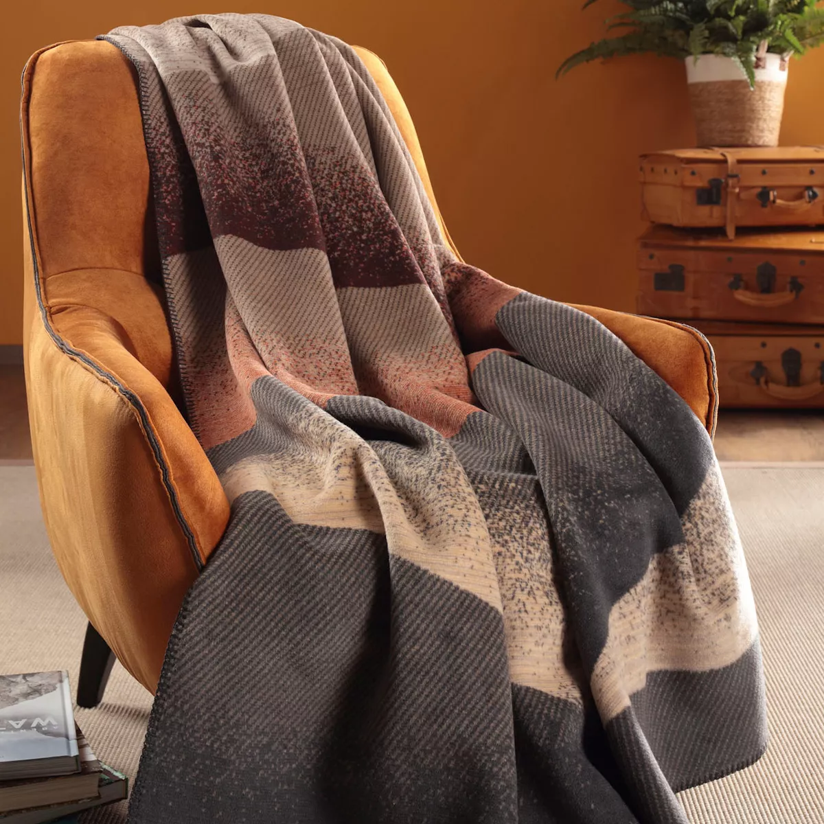 Plaid cotton blend 415 gsm jacquard pattern orange grey Sea waves brique