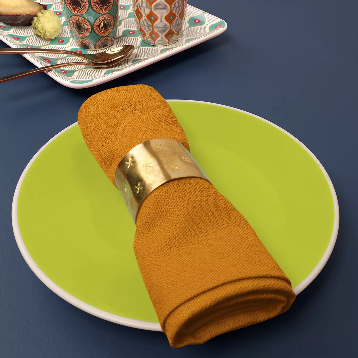 Serviette pur coton motif jacquard jaune orange Bastide ocre