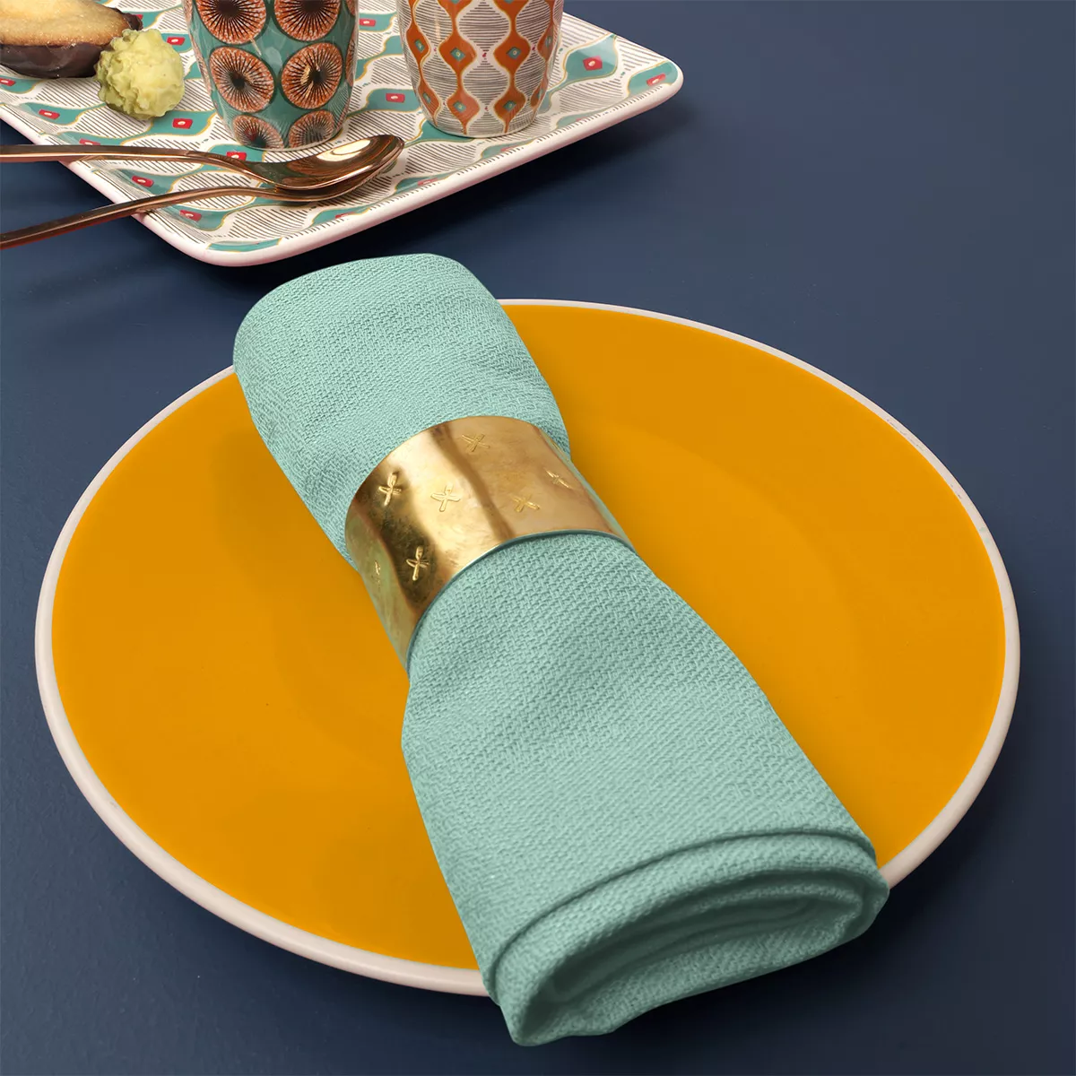 Serviette pur coton motif jacquard bleu Bastide azur