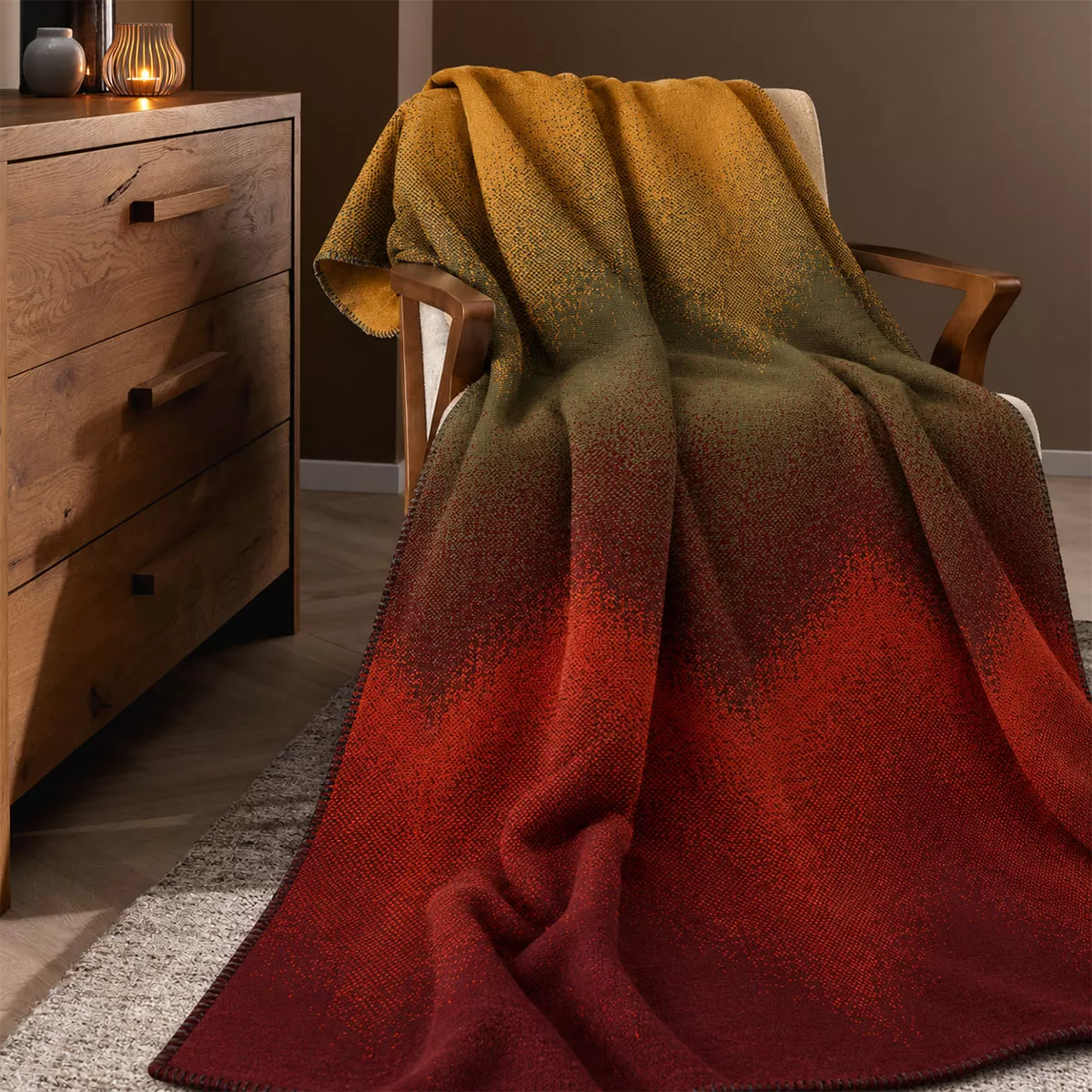 Plaid coton mélangé 415 g/m² motif jacquard rouge jaune Wavy feuillage