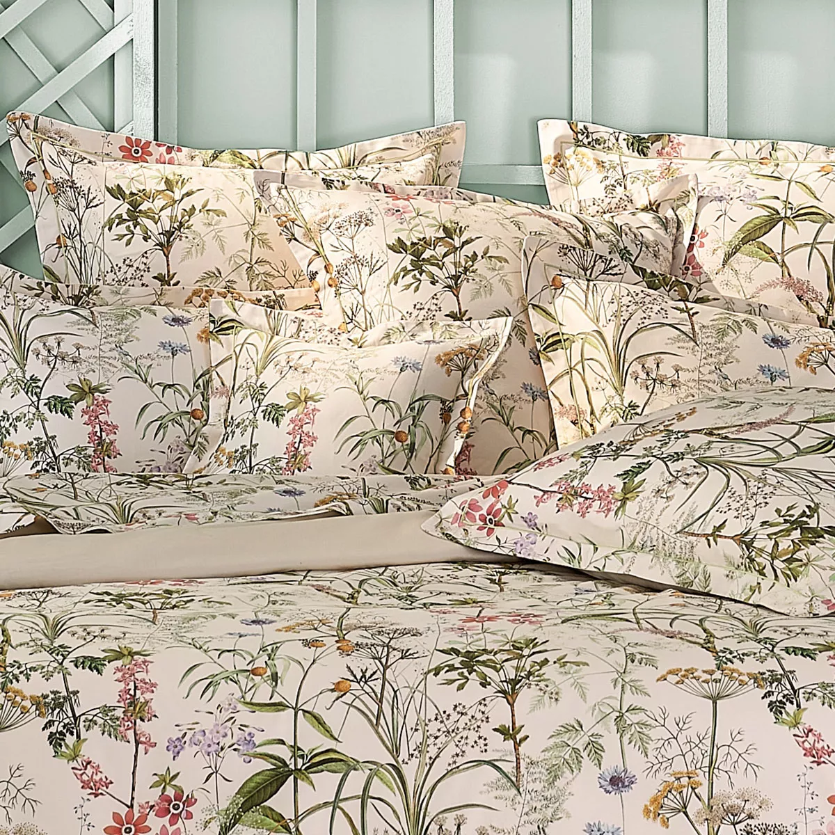 Taie d'oreiller satin de coton imprimé rose beige vert Prairie legere beige