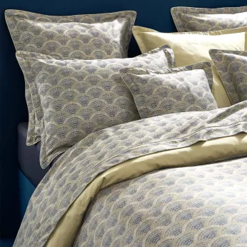 Taie d'oreiller satin de coton imprimé beige Eventails argile