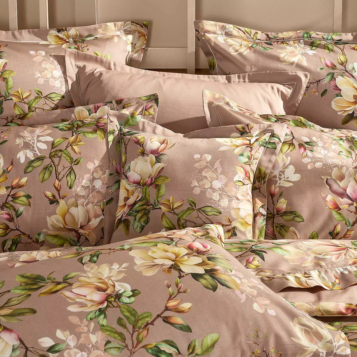 Kopfkissenbezug baumwollsatin bedruckt rosa Magnolias rose fume