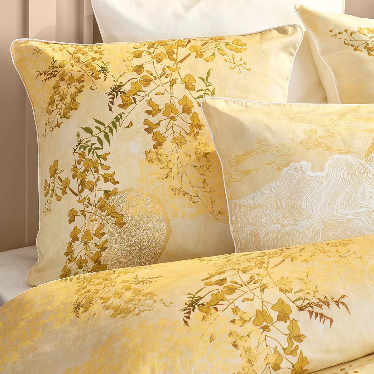 Kopfkissenbezug baumwollsatin bedruckt gelb gold Soleil d'or dore