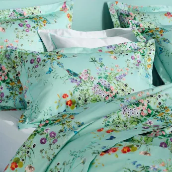 Taie d'oreiller satin de coton 115 g/m² imprimé bleu vert Le printemps azur