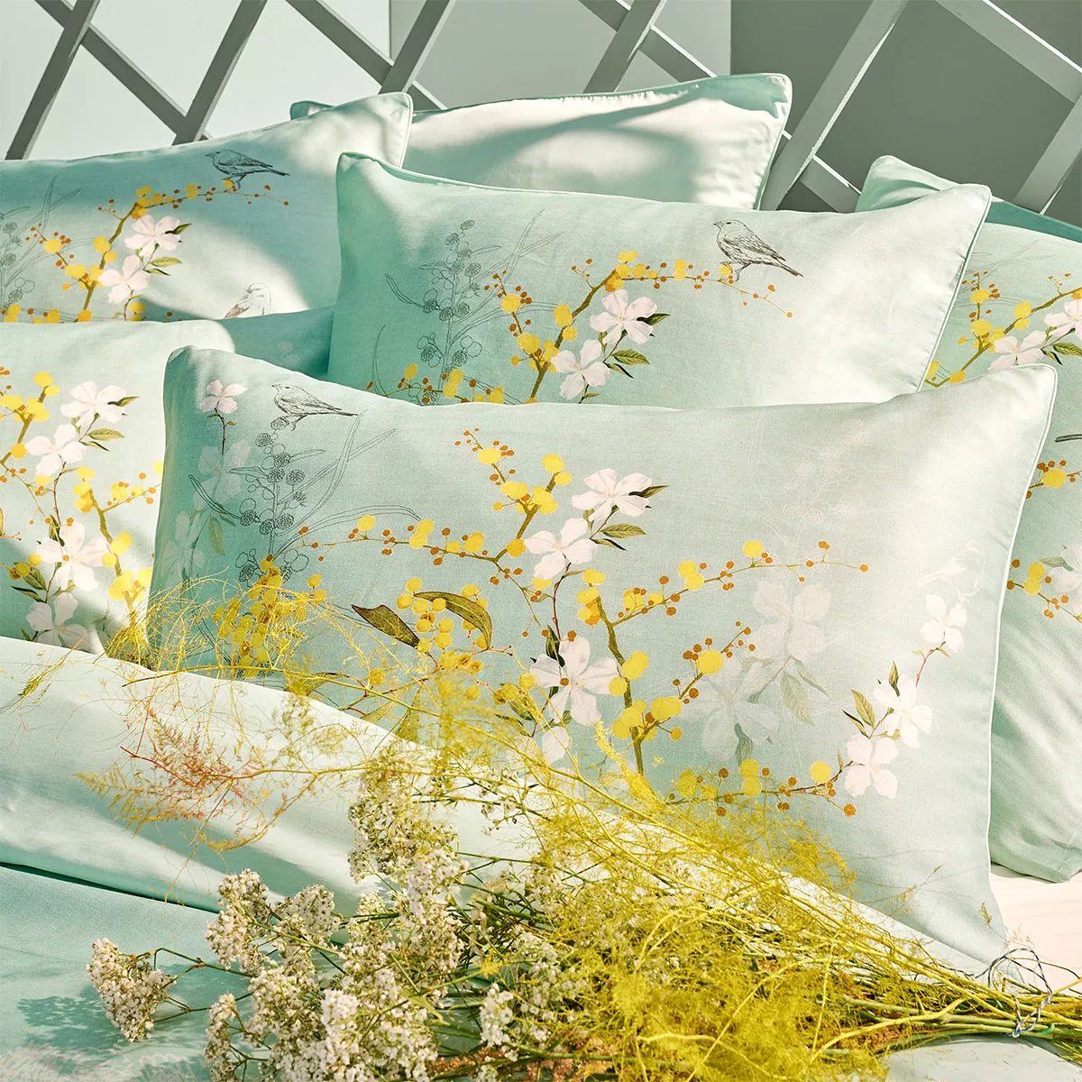 Kopfkissenbezug baumwollsatin bedruckt blau Mimosas d'ete turquoise