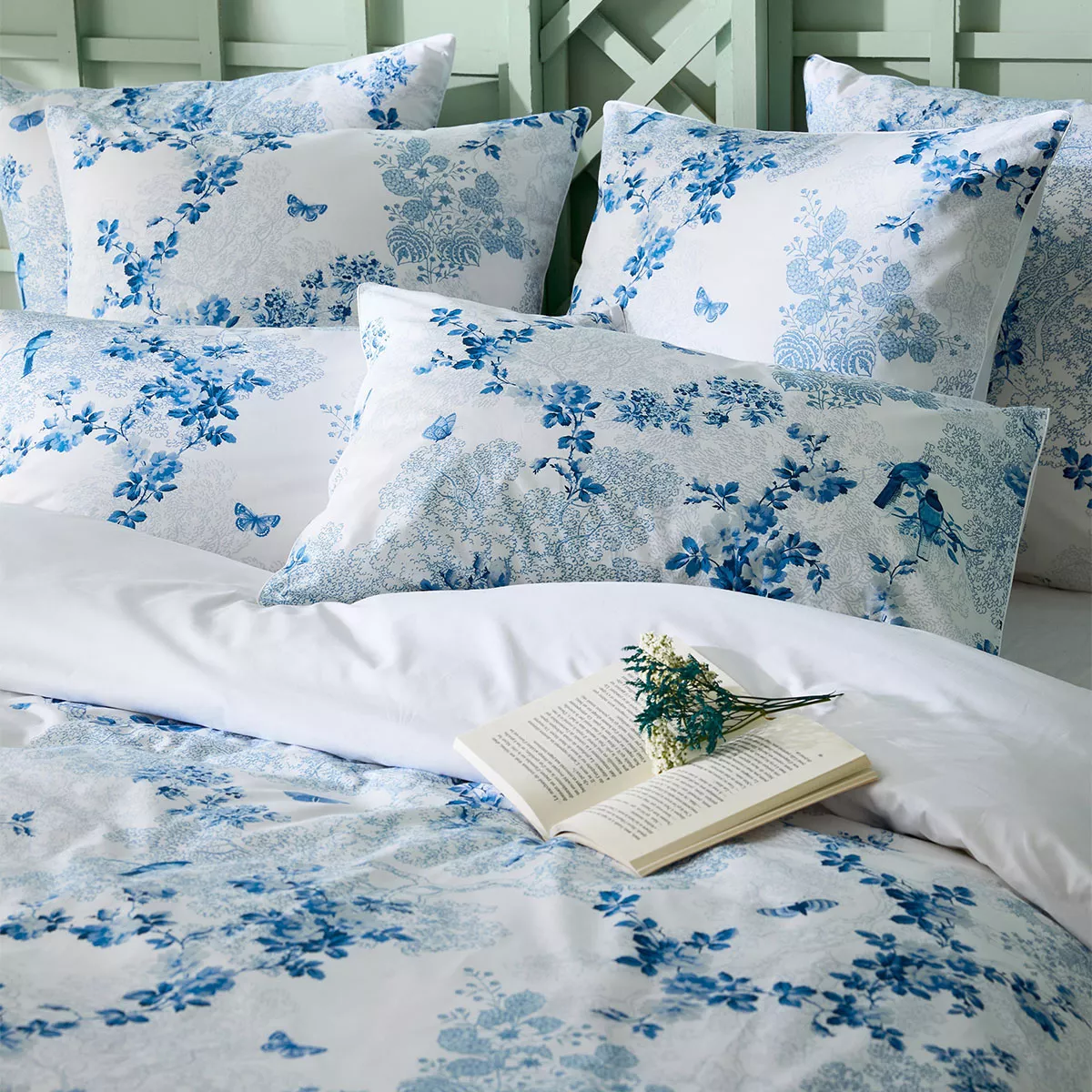 Pillowcase cotton percale printed white blue Voliere bleu