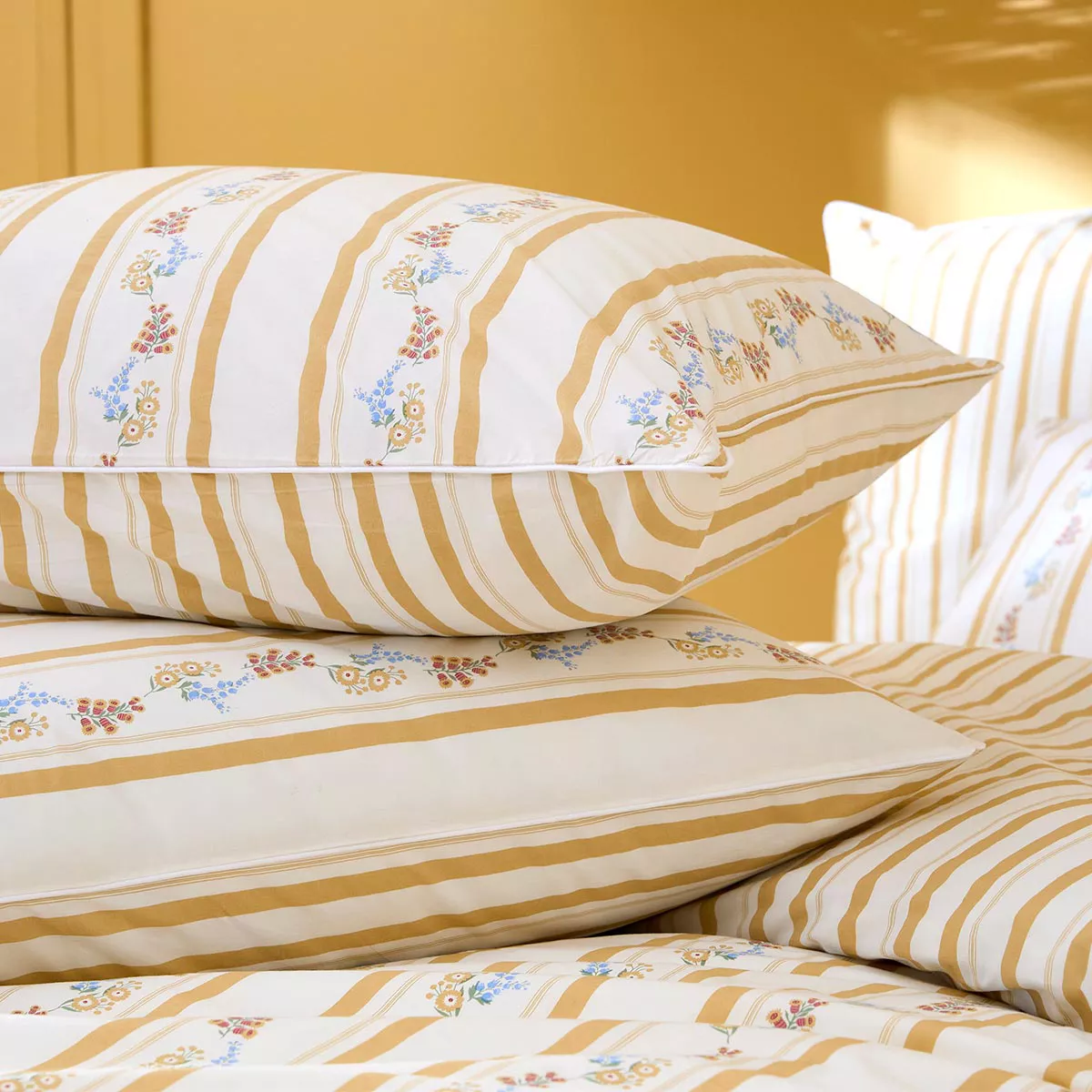 2 kopfkissenbezüge baumwollperkal vorgewaschen gestreift gelb beige Honfleur paille