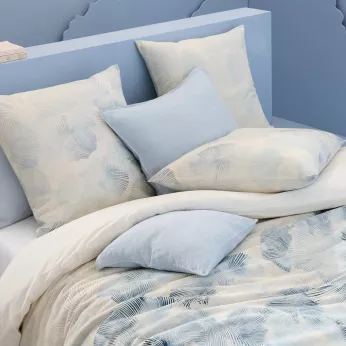 Kopfkissenbezug halbleinen vorgewaschen 130 g/m² bedruckt blau beige Vagues indigo