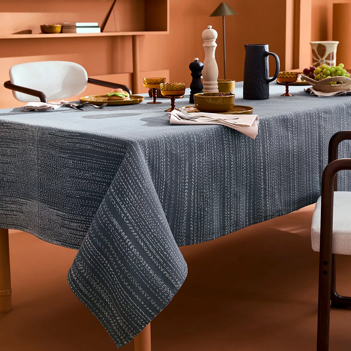 Tischdecke reine baumwolle vorgewaschen jacquard-muster blau beige Cascades mineral