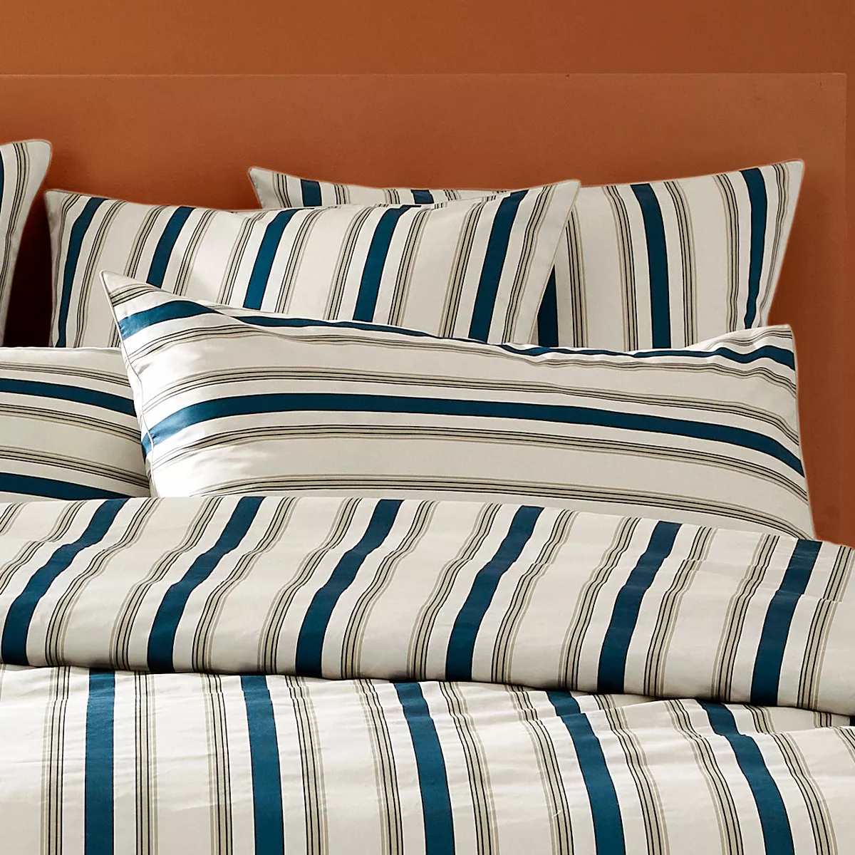2 pillowcases cotton sateen 115 gsm printed beige navy blue Etretat marine